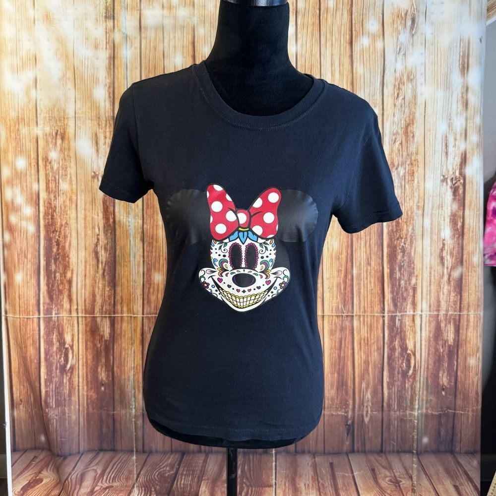 Women’s Short Sleeve Crew Neck Halloween Minnie Mouse Black Tee Juniors Size M